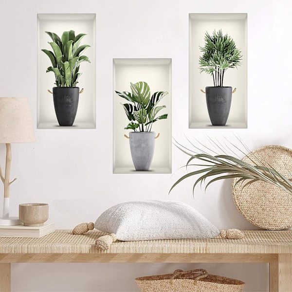 3D-maljakon seinätarra - 3D-kasviseinätarrat olohuoneeseen - Vihreiden kasvien seinätarra, DIY 3D-vinyyli seinätarrat, jotka sopivat olohuoneeseen,