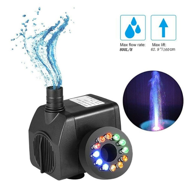 Färgglad nedsänkbar pump med ljus, 8W 220V nedsänkbar pump med 12 färgade LED-lampor för fontän, pool, trädgård, akvarium