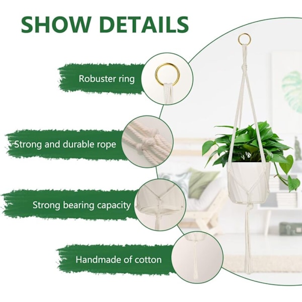 4 st macramé upphängningskruka, stöd för hängande krukor för blommor, macrame upphängning macrame växt bomullsrep upphängning burk växtdekoration interiör