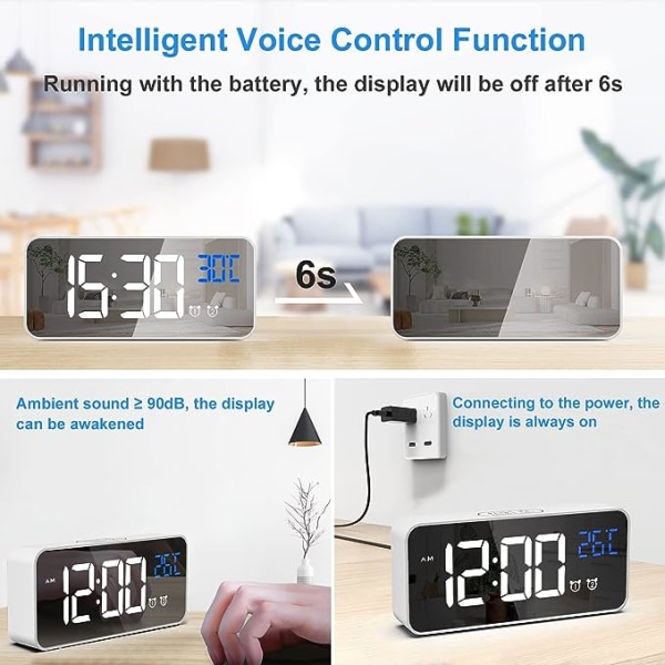 Digital väckarklocka, LED digital klocka digital väckarklocka temperatur/snooze/2 larm/12/24 timmar/USB-laddningsport/10 musik