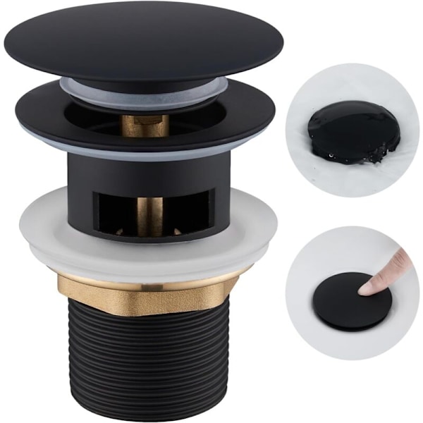 Vaskepropp uten overløp, Ulytid Click Clack baderomsvaskpropp, Universal Standard-G 1 ¼, Matt svart finish
