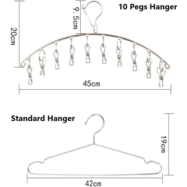 2-pak rustfrit tøj tørrestativ med 10 klemmer til sokker, undertøj og småting