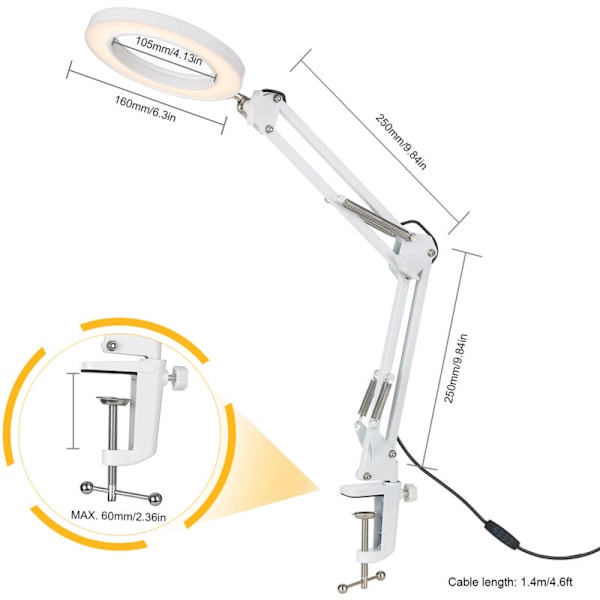 Fleksibel bordlampe med klype og svingarm med variabel intensitet, 3 fargemoduser og 10 lysstyrkenivåer, for lesing, arbeid, studier