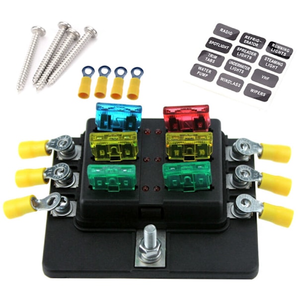 6-vejs sikringsboks, standard bladsikringsblokke med LED-indikator, 10 sikringer, 10 bilterminaler, båd, campingvogn, 12 V, 24 V