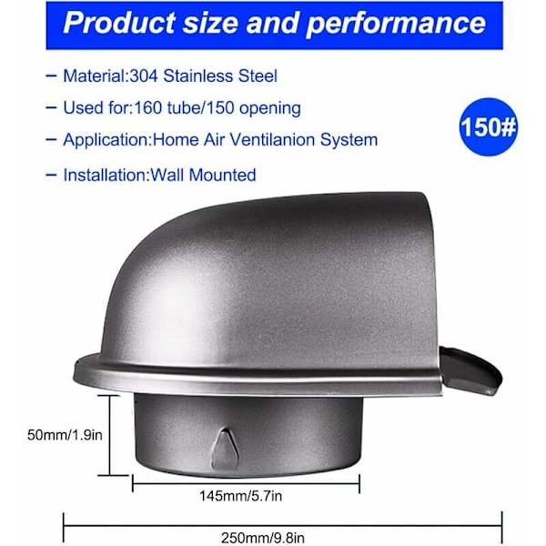 150 mm ventilationsrist i rustfrit stål, hættegitter rund skorsten udendørs, ventilationsgitter U med insektnet, ventilationsgitter med 45° lameller, f