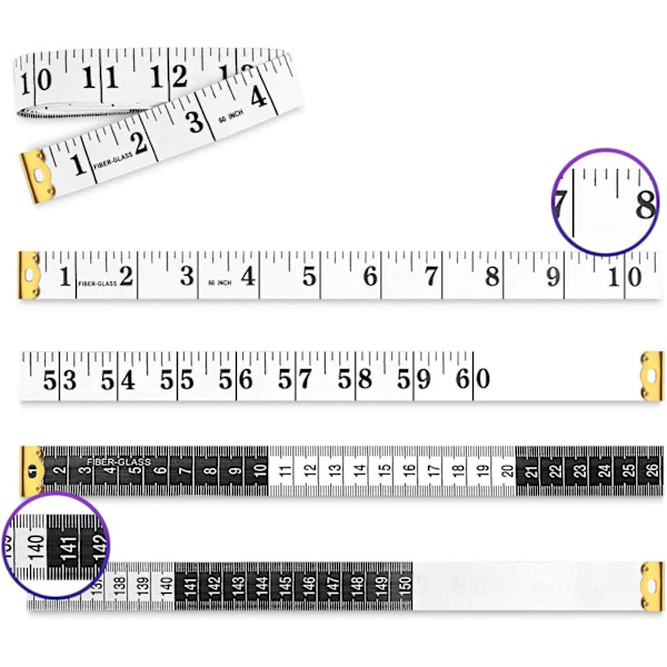 1 dobbeltsidet målebånd til syning, bryst-/taljemål, 150 cm, sort tekst på hvid baggrund