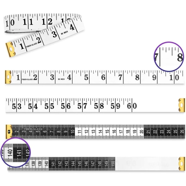 1 dobbeltsidig målebånd for sying, bryst-/midjemål, 150 cm, svart tekst på hvit bakgrunn