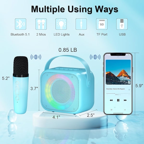 Karaoke-kone lapsille, Mini kannettava Bluetooth-karaokekaiutin 2 langattomalla mikrofonilla ja värikkäillä valoilla lapsille aikuisille, lahjat lelut tytöille pojalle