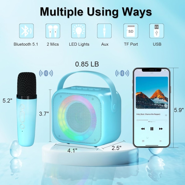 Karaokemaskine til børn, Mini bærbar Bluetooth Karaoke-højttaler med 2 trådløse mikrofoner og farverige lys til børn Voksne, Gavelegetøj til piger Drenge