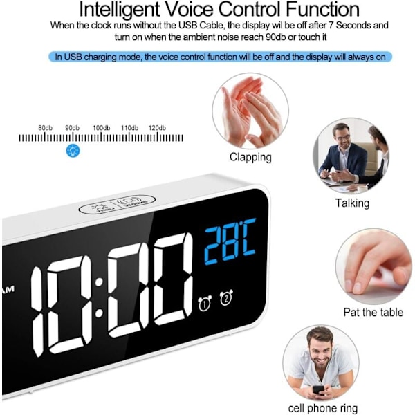 Digital väckarklocka, digital klocka väckarklocka morgon LED spegel LED STOR ANNONSSKÄRM/ Snooze/ 2 alarm, ljusstyrka och justerbar, ljud ac
