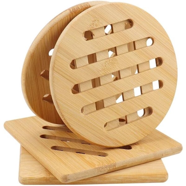4 bambu-alusen setti, litteä, kestävä alusta teekannuille, kulhoille ja lautasille - 15 cm
