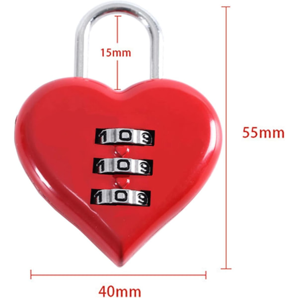 Set med 2 hjärtformade hänglås med nummerkod - Röd - Liten 3-siffrig kombinationslås - för resväskor, skåp, skåp, ryggsäckar