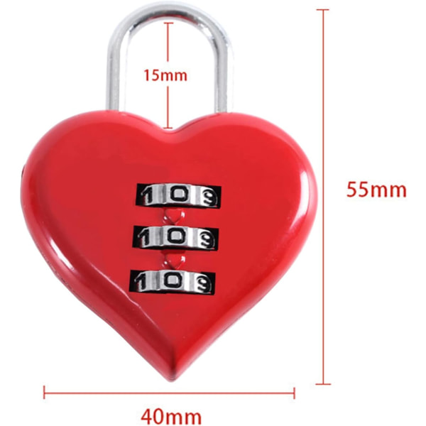 Sett med 2 hjerteformede hengelåser med nummerkode - rød - liten 3D