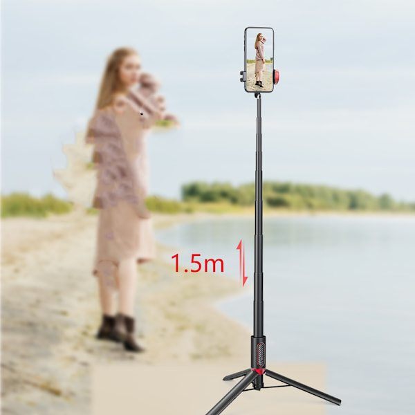 1 stk. 4,9 fod professionel selfiepind stativ, letvægts, Bluetooth fjernbetjening, bærbar alt i én, kompatibel med iPhone og Android, ikke-sl