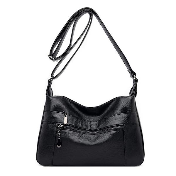 Kvinners skinn crossbody-veske med flere lommer, myk skinnveske for kvinner, lett med justerbar stropp (svart)