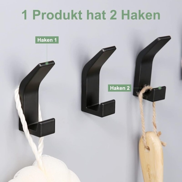 6 stk. dobbelt håndklædekrog, selvklæbende vægstøtte til køkken, badeværelse, skrivebord, skab, aluminium, sort