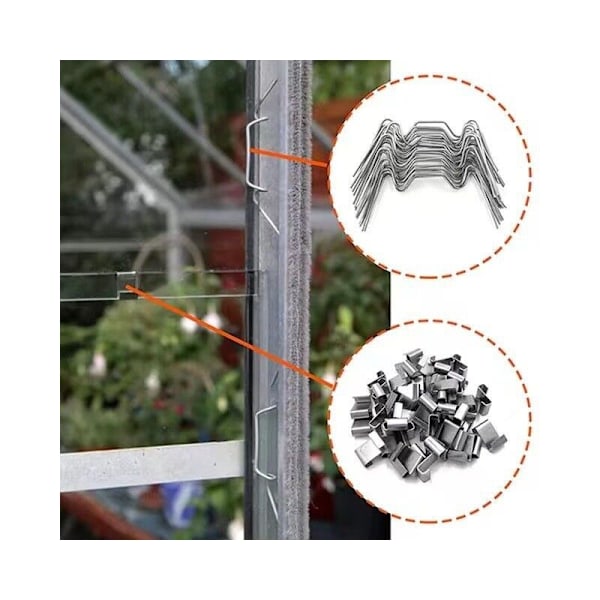 Reparationssæt til drivhus, inkluderer 100 rustfri stålclips til drivhusvindue (50 W-trådclips til drivhusglas + 50 Z-clips til fastgørelse)