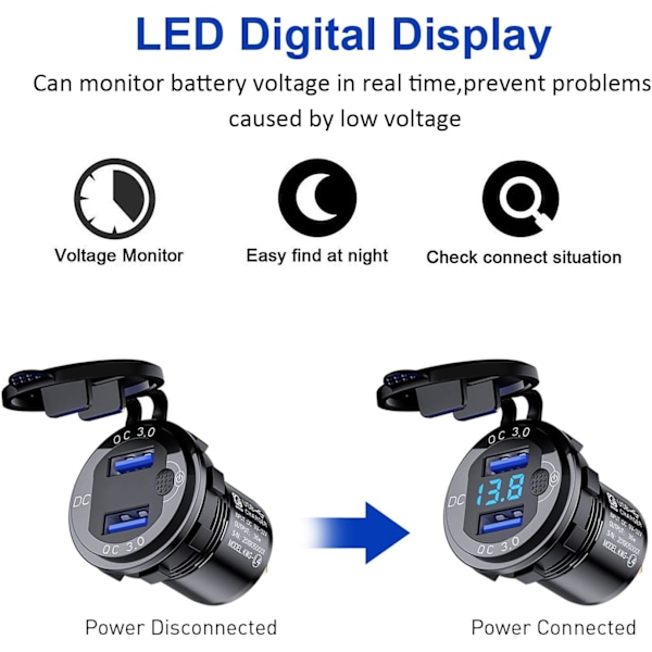 QC3.0 Vandtæt Motorcykel Bil USB Oplader, 12/24V Aluminium Legering Dobbelt USB Oplader Stik, med Strømbryder og LED Voltmeter til Biler, Både, ATV'er