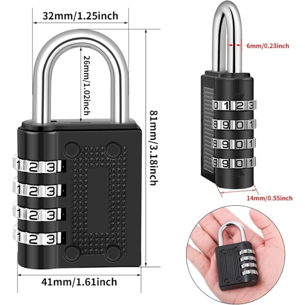 Set med 2 hänglås 4-siffrig kod, Cadenas med kombination zinklegering Cadenas Kod för resväska för college gym flygplan (svart)