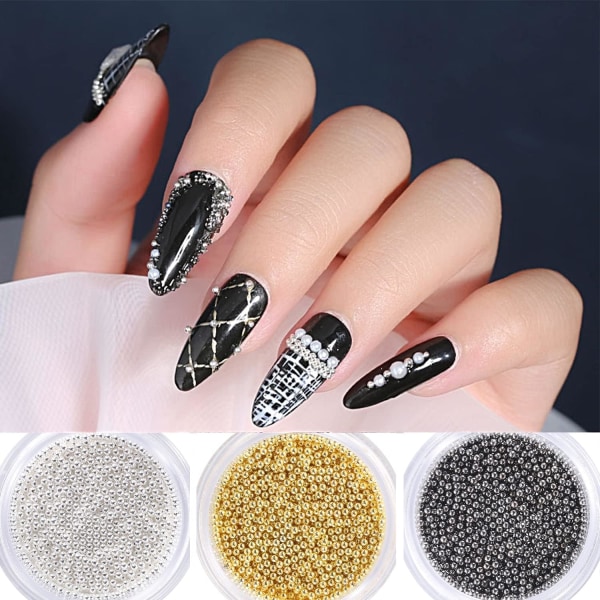 3 bokser kaviar, gull, sølv og svart metall mini kaviar perler med streng negle dekorasjoner, 3D Nail Art dekorative negletilbehør