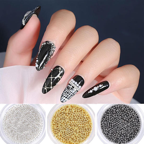 3 laatikkoa kaviaaria, kultaa, hopeaa ja mustaa metallia Mini kaviaarihelmet nauha kynsien koristeet, 3D Nail Art koristeelliset kynsien tarvikkeet