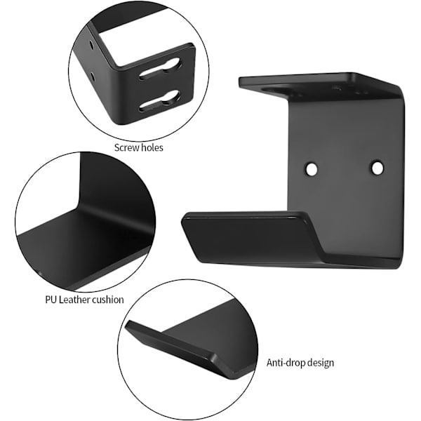 2 stk. metallhodetelefonveggfeste, hodetelefonholder for skrivebord, klebrig og skrudd hodetelefonfeste, hodetelefonkroker, svart
