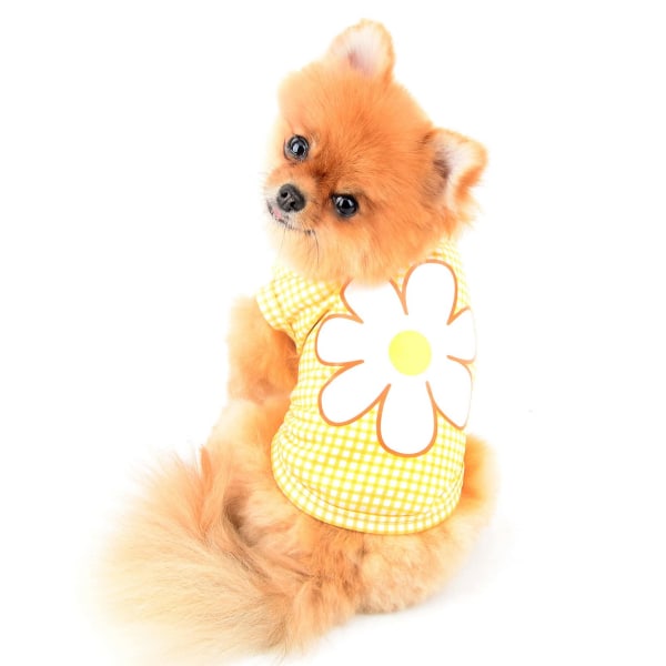 Söt blomma rutig t-shirt för husdjur, valp katt pojkar flickor ärmlös väst tank top sommar Yorkie Chihuahua kostym, gul, M