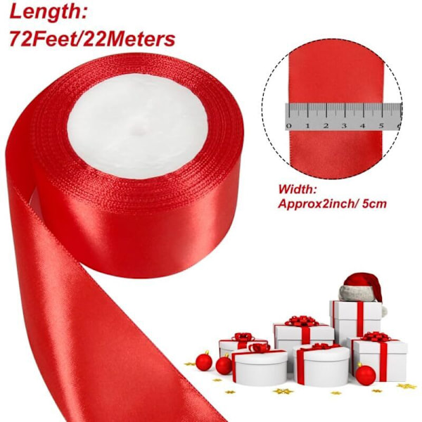 Punainen satiininauha, 5 cm x 22 m leveä punainen nauha lahjapaketointiin, seremonioihin, häihin, jouluun ja askarteluun