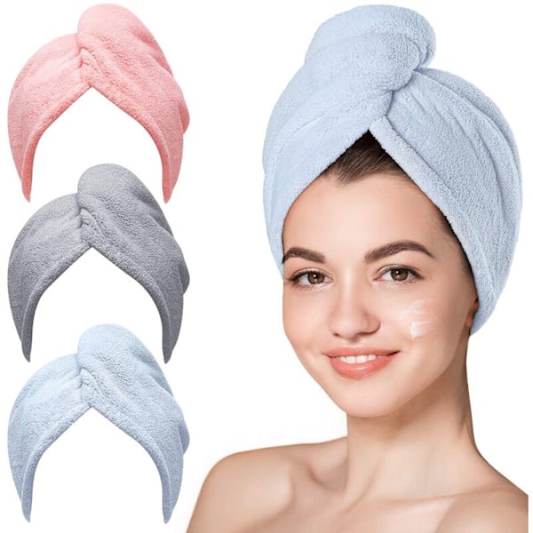 Set med 3 superabsorberande torkhanddukar i mikrofiber, vriden turban, snabbtorkande med noppor, badögla, kupa för torrt hår (grå, rosa, blå)