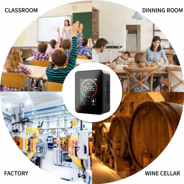CO2-detektor, karbondioksid CO2-monitor, LED-skjerm, luftkvalitet, temperatur- og fuktighetsmonitor for hjem, kontor, treningsstudio, bil (TVOC-sensor-svart)