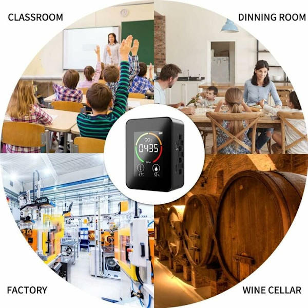 CO2-detektor, koldioxid CO2-monitor, LED-display, luftkvalitet temperatur- och fuktighetsmonitor för hem, kontor, gym, bil (TVOC-sensor-svart)