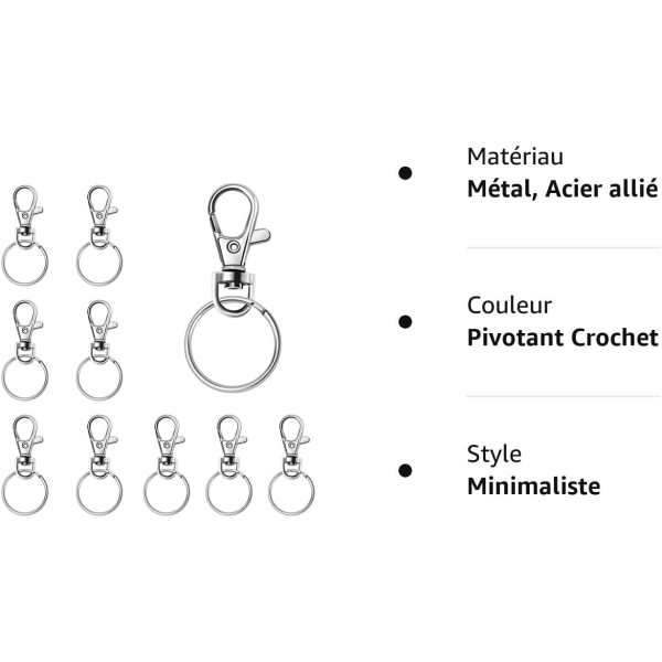 20 stk. nøkkelringringer roterende nøkkelring, nøkkelringkrok, karabinkrok nøkkelring, hummerlås, svingbar karabinkrok, metall, DIY-dekorasjon (sølv)