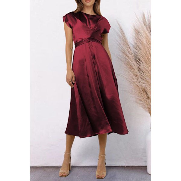 Kvinder 2023 Sommer Satin Midi Kjole Cap Ærmer Binde Talje Elegant A Linje Flydende Kjole