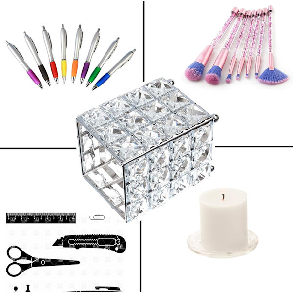Krystal Makeup Penselholder Sølv Makeup Penselarrangør Opbevaring Pen Blyantholder Firkant Kosmetik Penselbeholder til Påklædningsbord Kontor Hjem