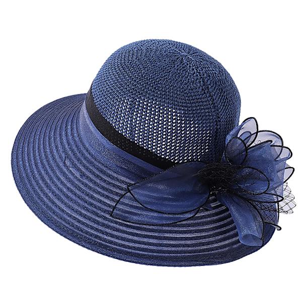Hæklet Organza Blomster Halm Solhat til Kvinder, Fransk Te Selskab Hat Kentucky Derby Kirke Hat Sommer Strand (marineblå)