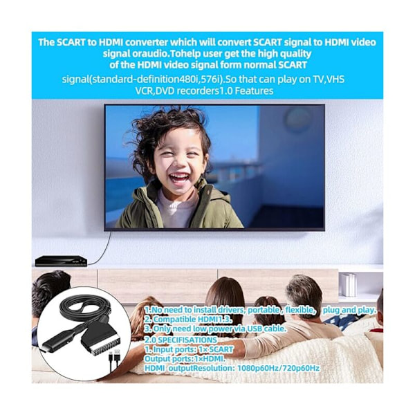 Sadllash adapter till HDMI, scart-omvandlare till HDMI med HDMI-kabel för Full HD 720p/1080p TV, video och ljud för DVD-läsare Blu-ray STB VHS Xbox PS3