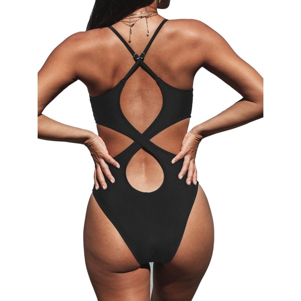 Women Crisscross Back Ruched One Piece Swimsuit V M