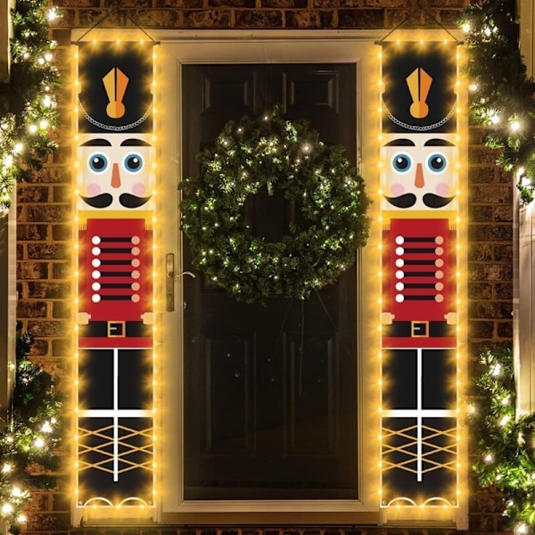 Pakke LED Lys Nøtteknekker Julebannere (30 x 180 cm), Nøtteknekker Bannerdekorasjon med Lys for Inngangsdør, Hage, Hjem, Innendørs Utendørs, Jul