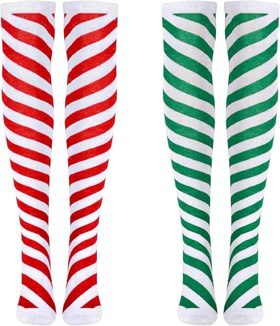 2 par St. Patrick's Day knæstrømper til kvinder, polyester lange knæstrømper, shamrock hvide og grønne striber feststrømper til St. Patrick's Day
