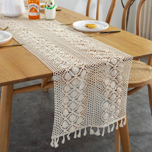 Bordløper i rektangulær makramé, heklet blonde, elegant mesh-duk for rustikk, krok, bohemstil, vintage, gårdshus (30x 300cm)