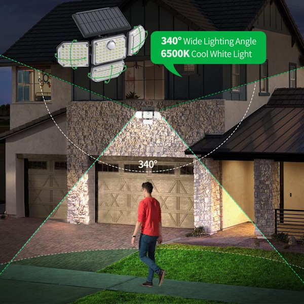 ATUPEN 210 LED 2500 LM aurinkolamput liiketunnistimella ja kaukosäätimellä, 3 LED-turvapäätä, vedenpitävä IP65, 270° laajakulmainen seinävalaisin 3 m johdolla