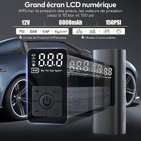 6000mAh Mini Elektrisk Luftpump, Bärbar Luftkompressor Sladdlös Däckuppblåsare 150PSI med Digital LCD-display, Elektrisk Cykelpump med LED-ljus fo