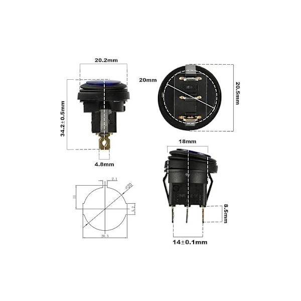 Blå LED Rund Strömbrytare Elektroluminescent KCD1-8 Vattentät Strömbrytare 12V 20A Marin och diverse vattentät 3-pins belysning med trådkontroll (5st