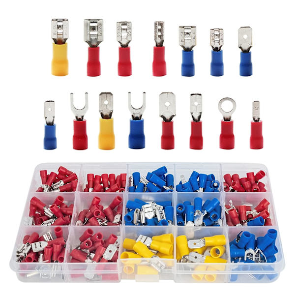 Elektriska kontakter, 280 st crimp spade bullet kabelringtrådskontakter, 2,8 mm/4,8 mm/6,3 mm han/hon isolerade terminaler, AWG 22-10, röd, blå,