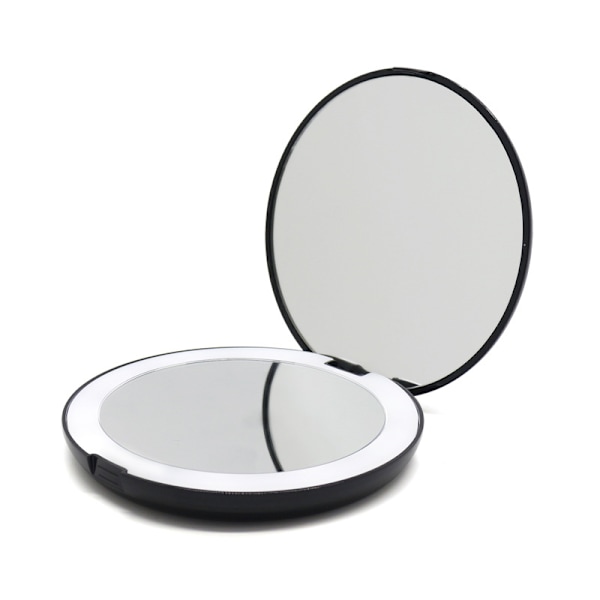 LED-belyst lommespejl, 1x/2x forstørrelse - Stort, naturligt belyst håndholdt makeup-spejl, 5\" i diameter, kompakt og bærbart til rejser (sort)