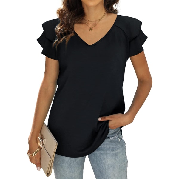 Womens Summer Tops Ruffle Short Sleeve Tunic Tops V Neck Loose Fit Flowy T-Shirts（L,Black）