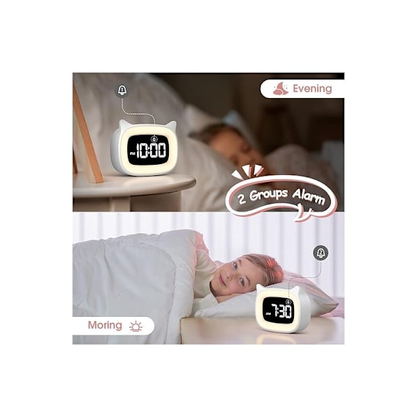 Pedagogisk Barnevekkerklokke, LED Nattlys Klokker for Barnerom Barne Søvnvekkerklokke for Barn Dag/Natt Lysende, Snooze Alarm Kl
