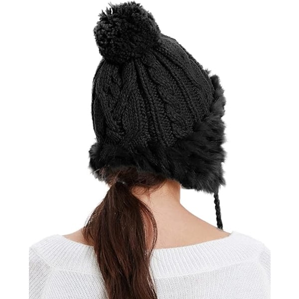 Women's Beanie Ear Hat Faux Fur Warm Winter Skull Ski Hat Fleece Lined Knitted Thermal Pom Pom Ear Hat