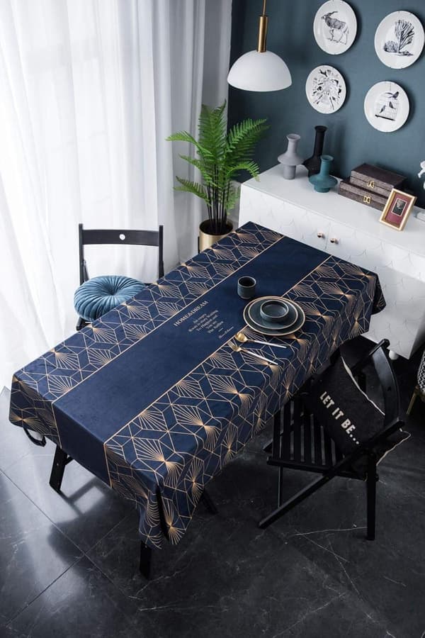 Blå Rektangulær Fløjlsdug, Guld Grafisk Print Polyester Dug Restaurant Dug, Juledug, 140x200cm