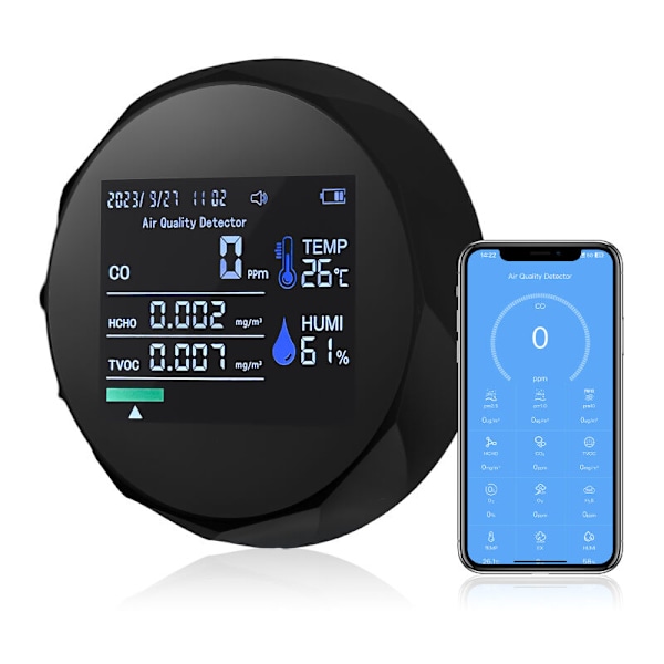 Portable karbonmonoksiddetektor for 5 i 1 mini mini luftkvalitetsmonitor BT APPLOY TV TVOC HCHO HCHO HCHO ALARM ALERM FOR INTERVER og